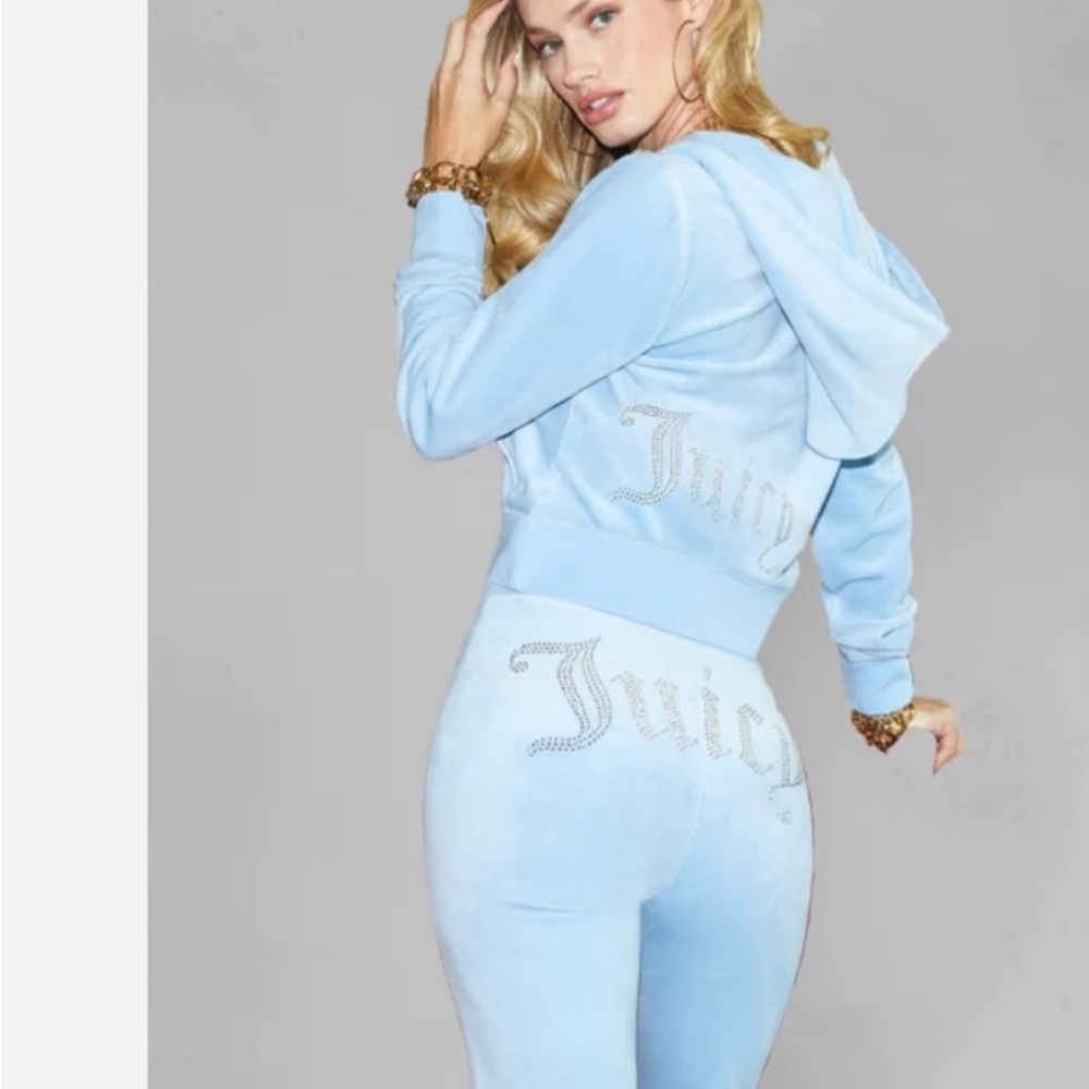 Juicy Couture Light Blue Velour Track Pants & Hoodie Set with Rhinestone Logo